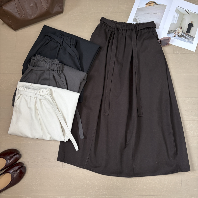 2026 Autumn Elastic Waist Lace-Up Curved Midi Skirt Old Money Lazy Style Lyocell Women