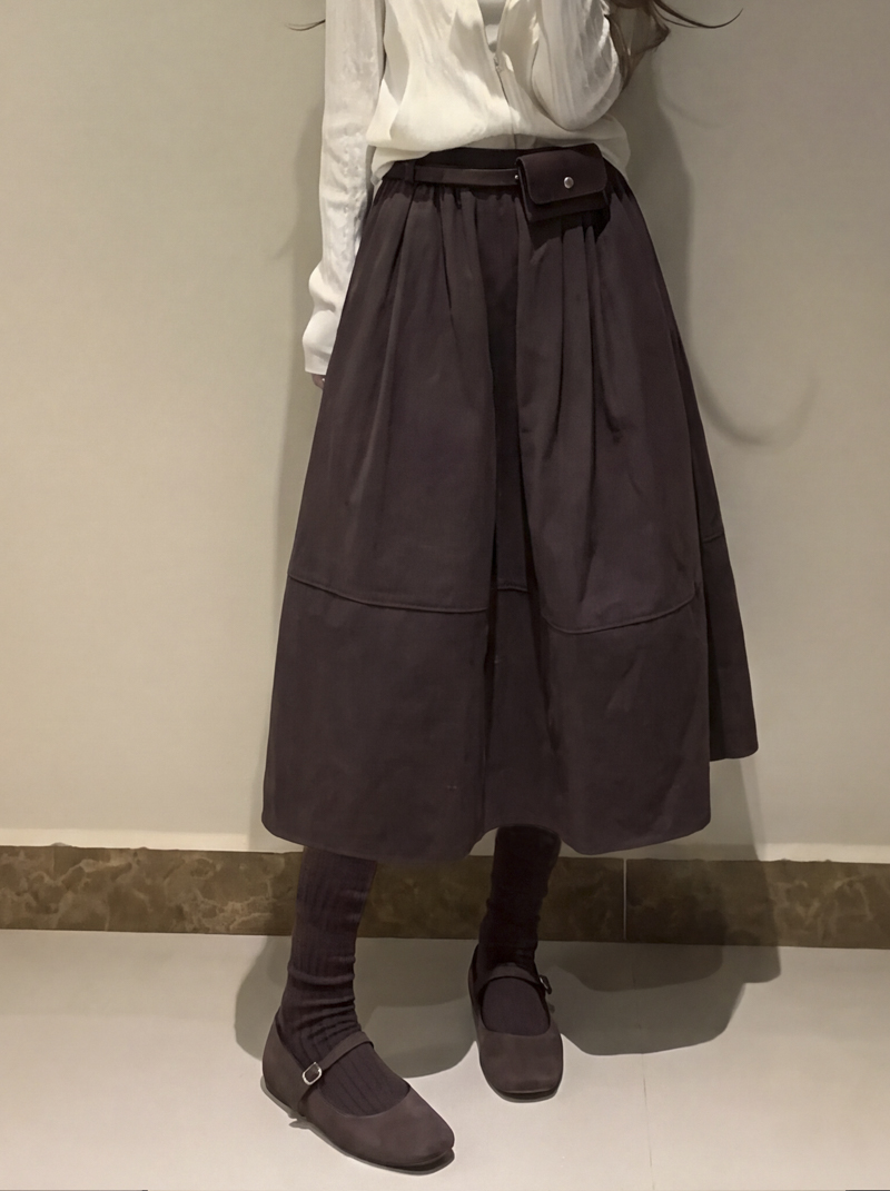 2026 Autumn Korean Vintage Utility Midi Skirt with Waist Bag for Women Casual A-Line Washed Cotton Blend
