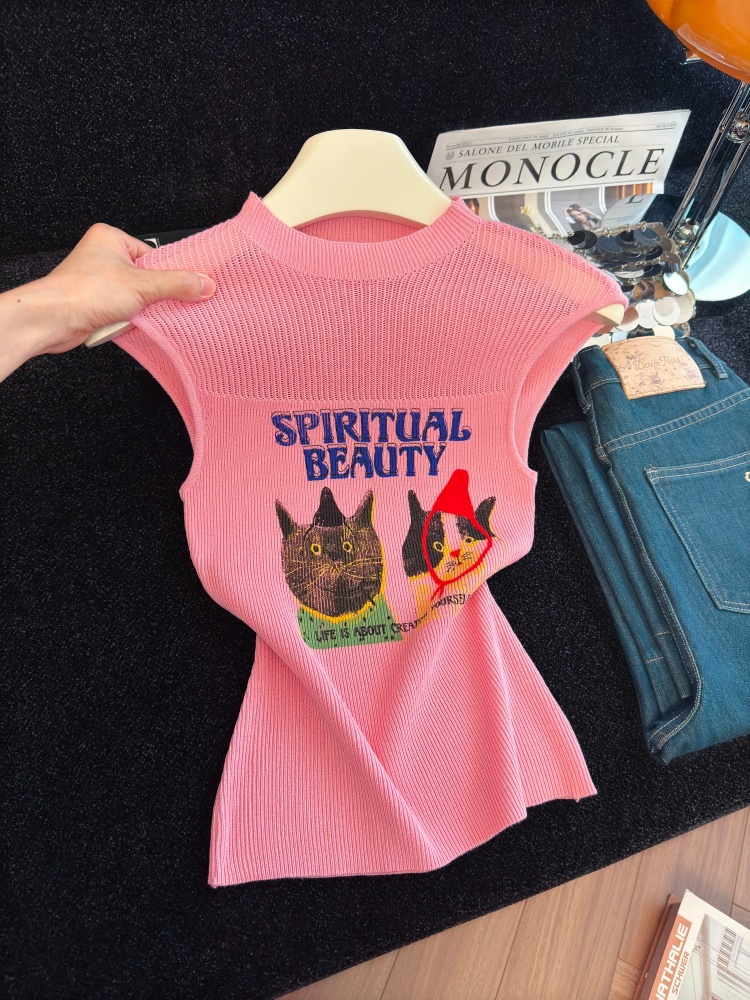Cartoon Print Knit Top for Women Summer New Slimming Pullover