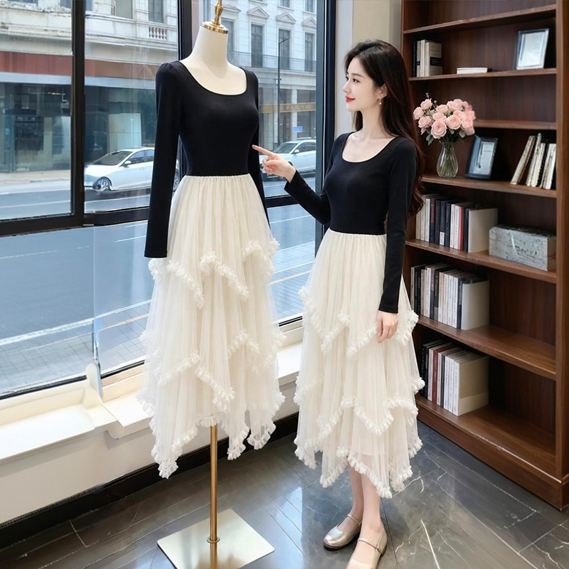 Elegant Round Neck Mesh Spliced Puffy Dress Slimming Long Sleeve Dress 58139