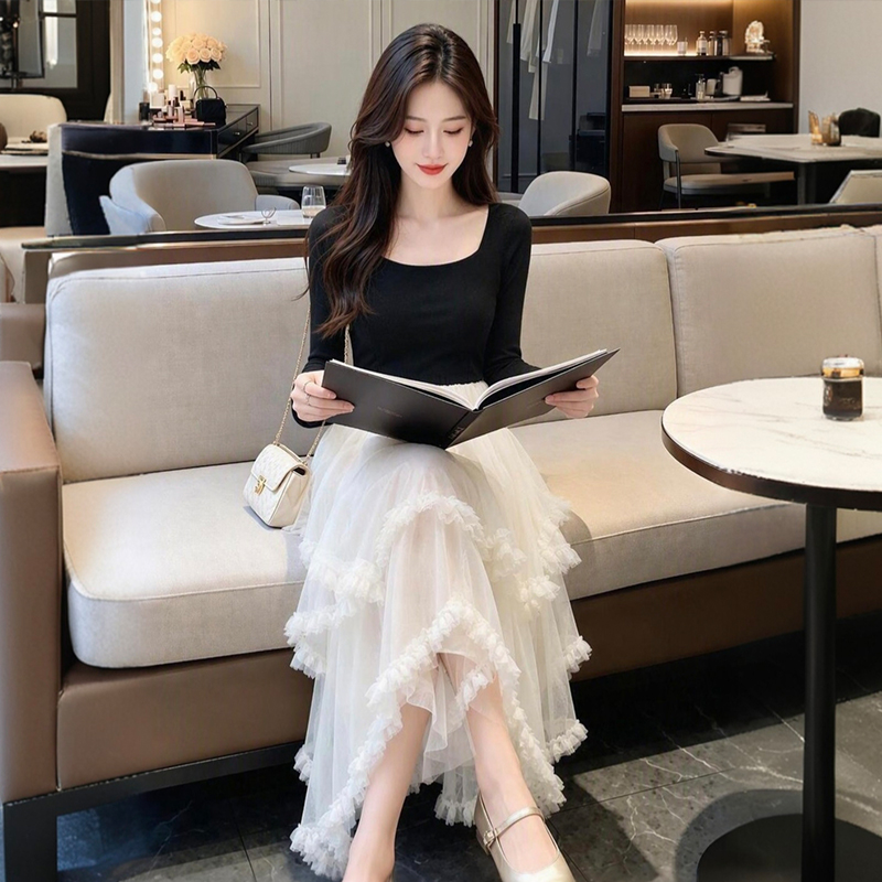 Elegant Round Neck Mesh Spliced Puffy Dress Slimming Long Sleeve Dress 58139 - Image 2