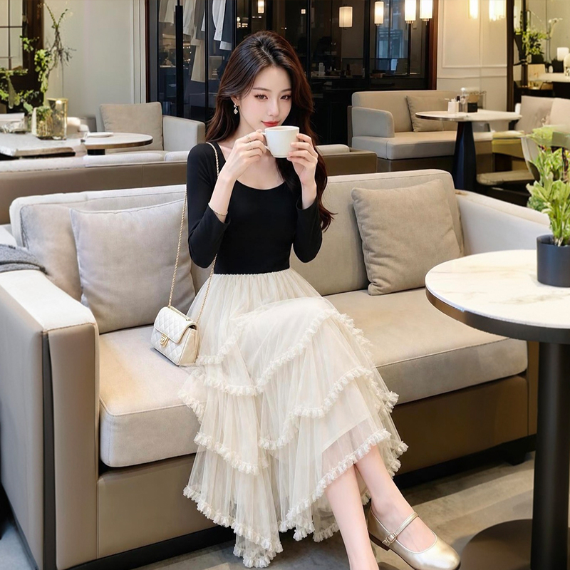 Elegant Round Neck Mesh Spliced Puffy Dress Slimming Long Sleeve Dress 58139 - Image 3