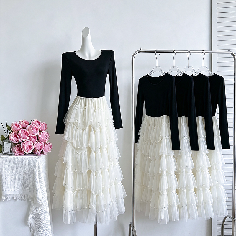 Elegant Round Neck Mesh Spliced Puffy Dress Slimming Long Sleeve Dress 58139 - Image 4