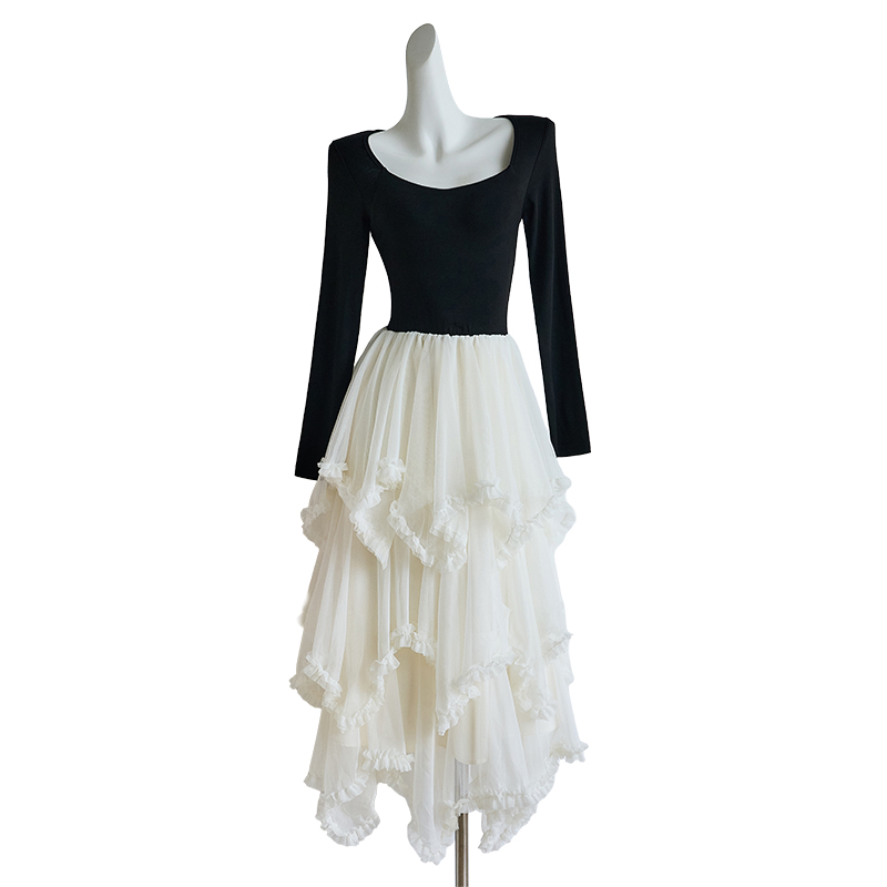 Elegant Round Neck Mesh Spliced Puffy Dress Slimming Long Sleeve Dress 58139 - Image 5