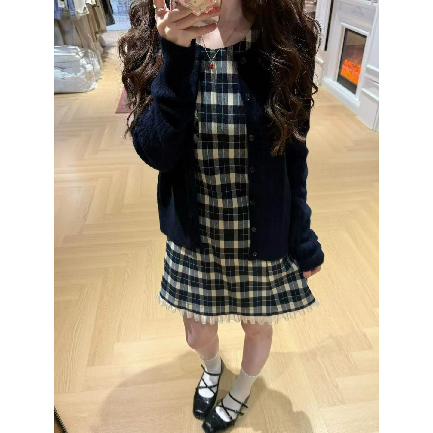 French Retro Cable Knit Cardigan and Plaid Sleeveless Dress Set