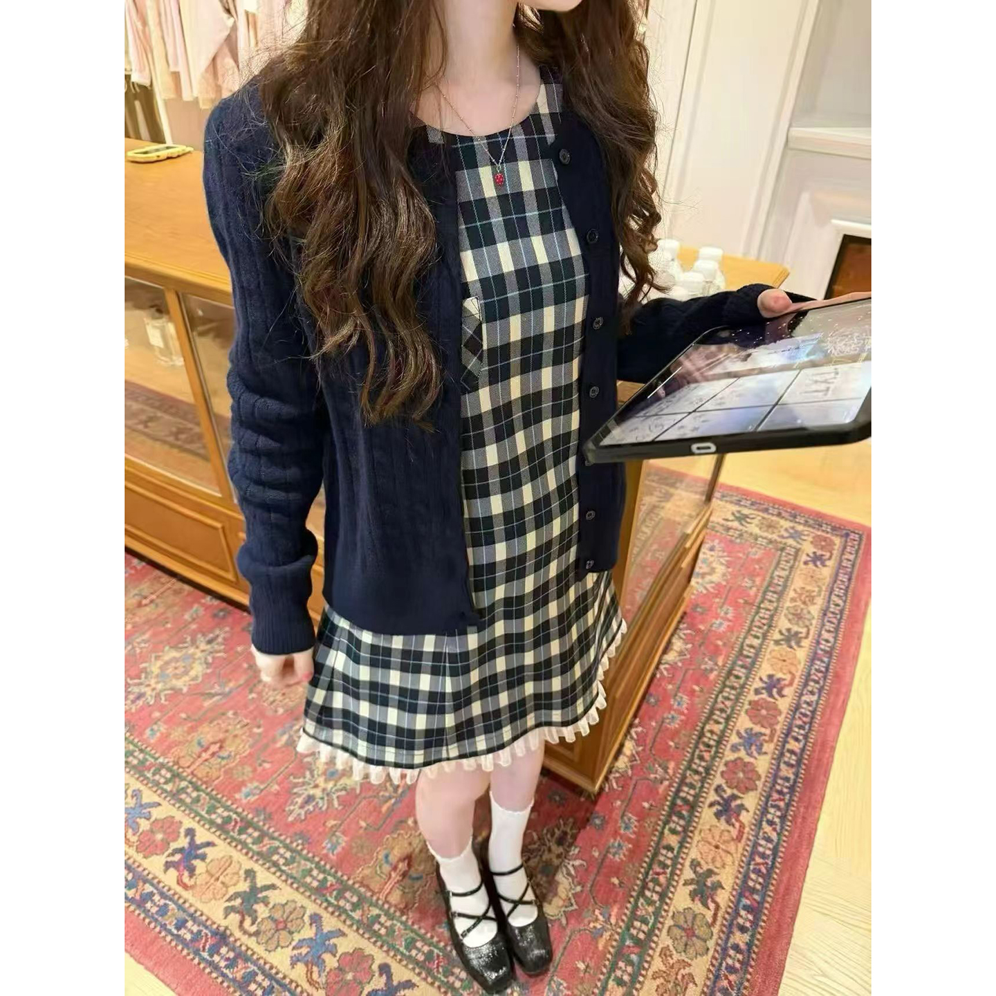 French Retro Cable Knit Cardigan and Plaid Sleeveless Dress Set - Image 2
