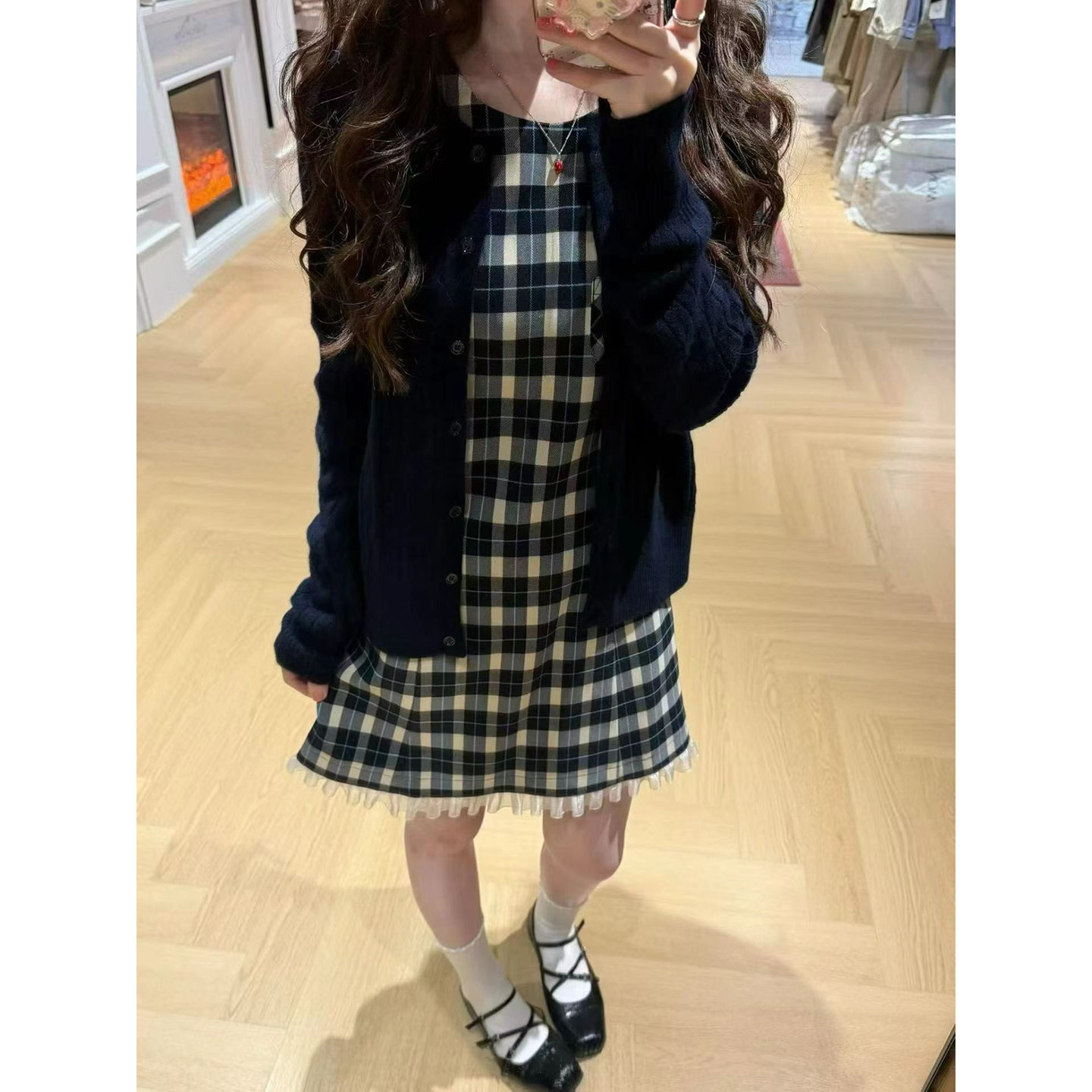 French Retro Cable Knit Cardigan and Plaid Sleeveless Dress Set - Image 4