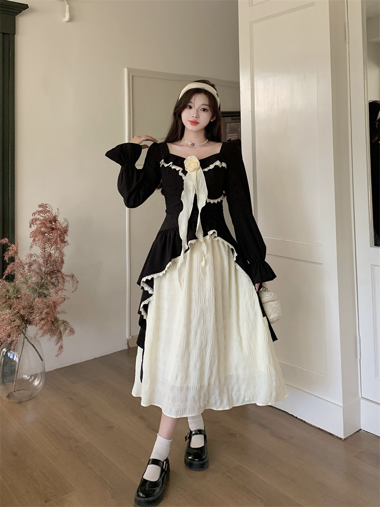 Hepburn Style Patchwork Dress Women 2026 Spring New Plus Size Fake Two Piece