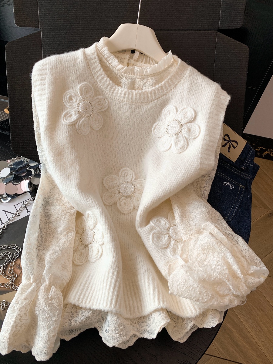 Korean Style Lace Shirt and Knit Vest Two-Piece Set for Women Autumn Loose Fit - Style 5fb4e5