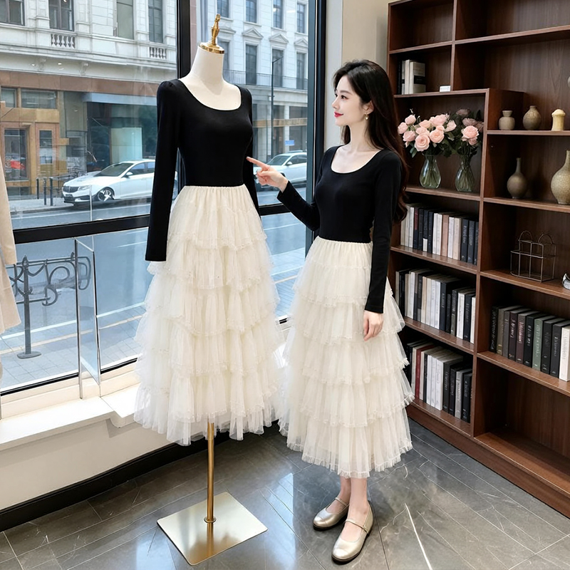 Korean Style Waist-Cinching A-Line Long Dress for Women Early Autumn 2026 New Slimming Simple Long Dress 89115