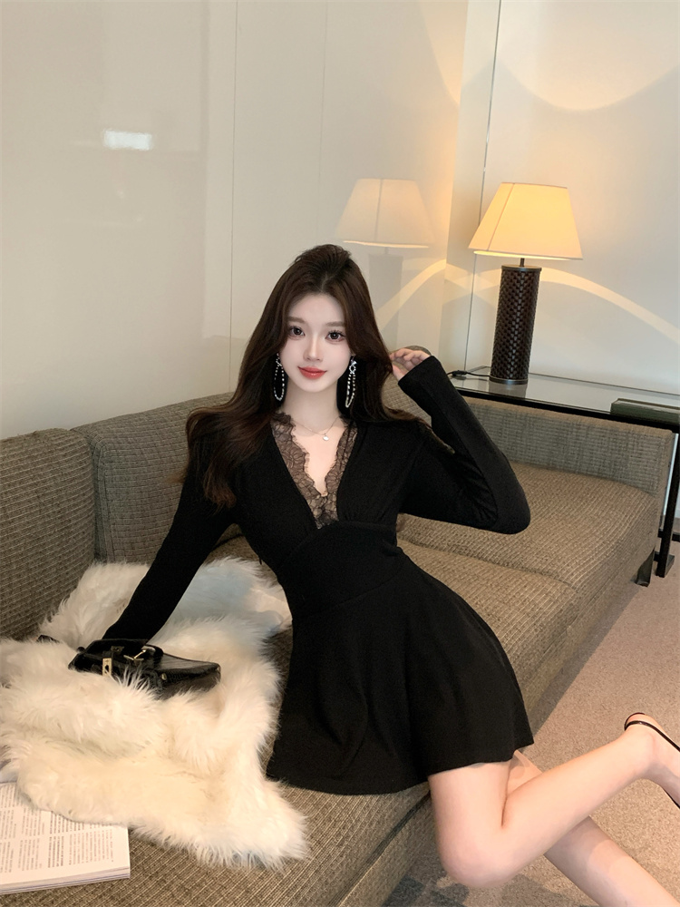 Lace Knit Dress Women Solid Color Slimming Pullover Short Dress