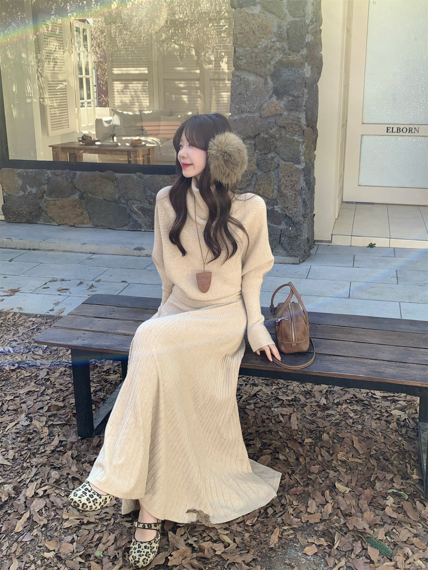 Lazy Sweet High Neck Batwing Sleeve Sweater and Draped Long Skirt Two Piece Set - Style 41f416