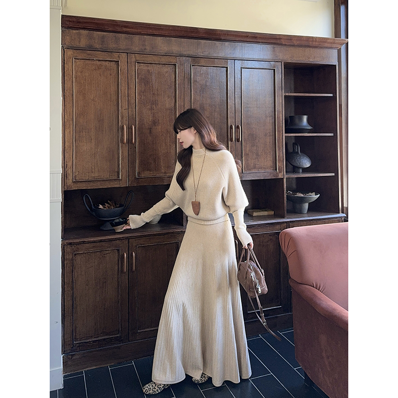 Lazy Sweet High Neck Batwing Sleeve Sweater and Draped Long Skirt Two Piece Set - Style 41f416 - Image 5