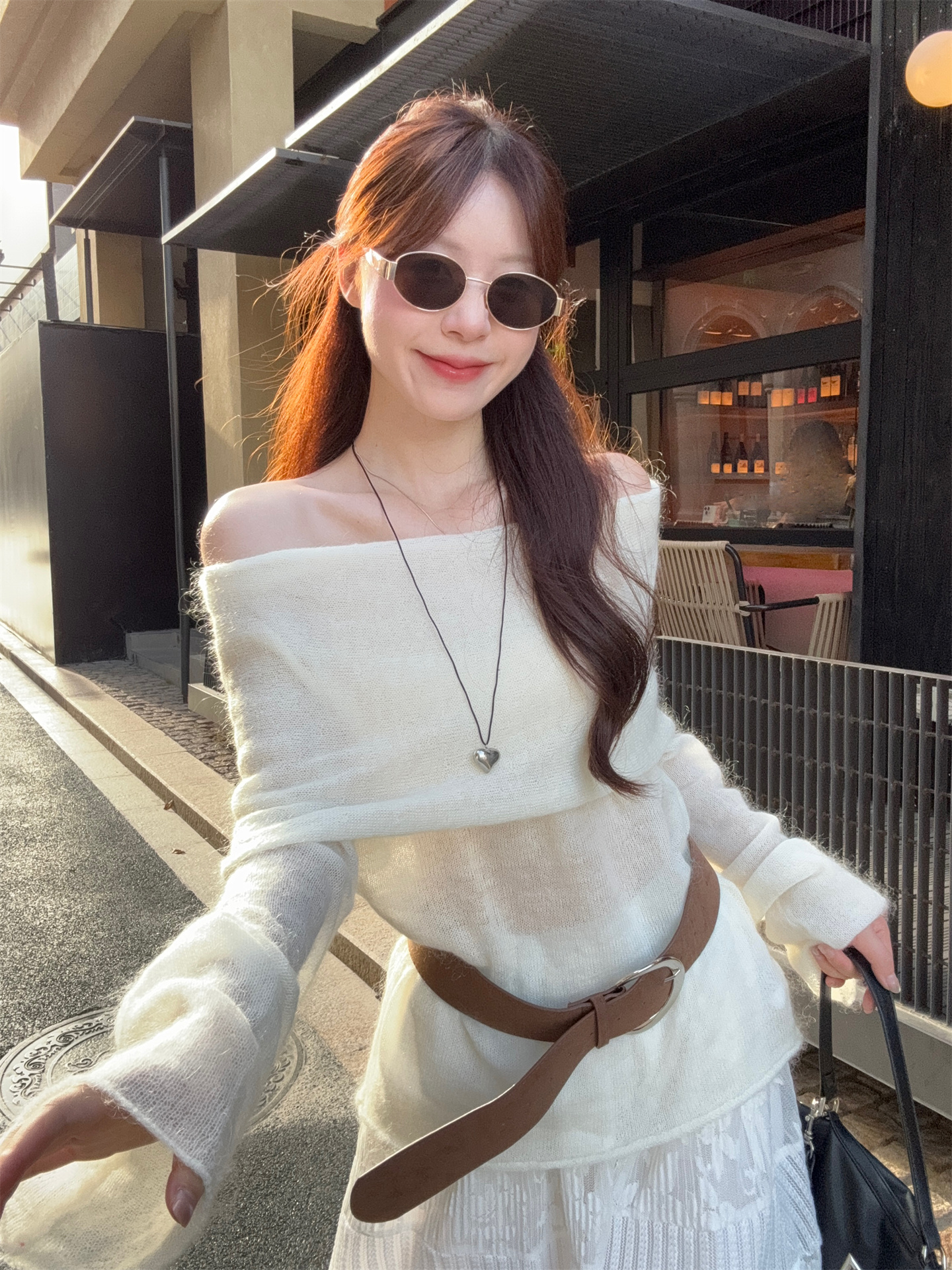 Sweet Off-Shoulder Mohair Pullover Sweater and Lace A-Line Skirt Two-Piece Set