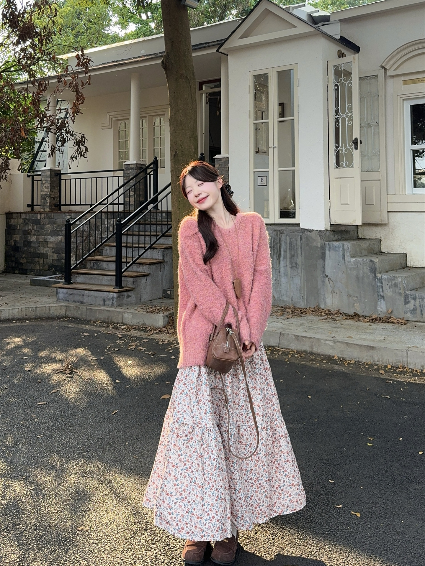 Sweet Pink Knit Sweater and Floral Skirt Two-Piece Set