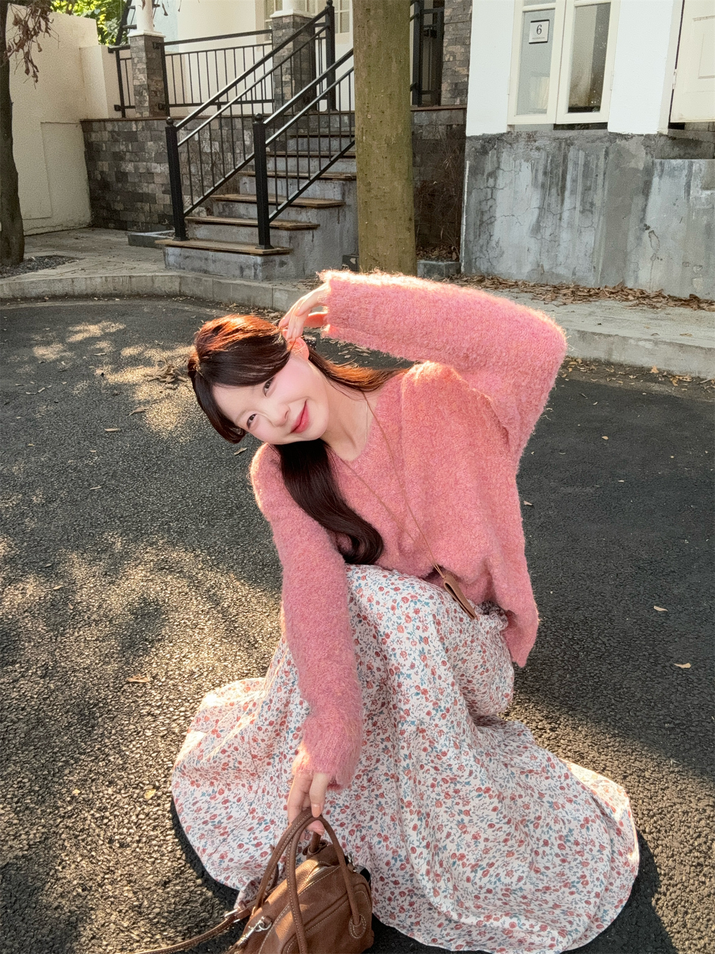 Sweet Pink Knit Sweater and Floral Skirt Two-Piece Set - Image 3
