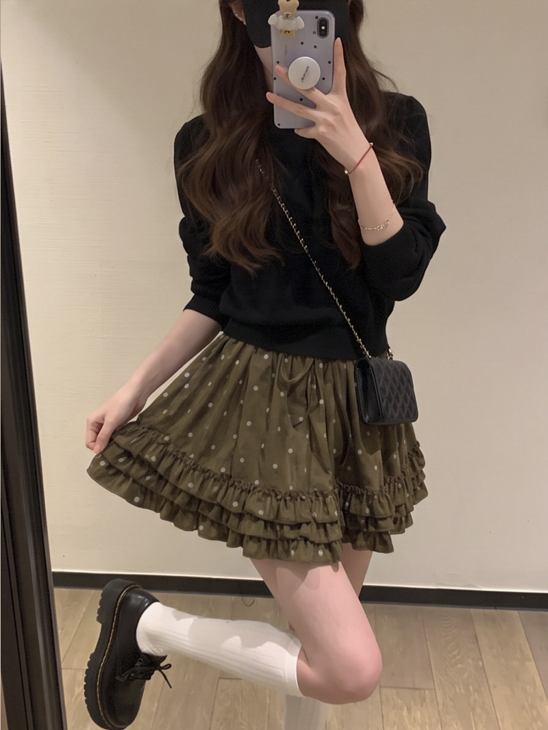 Sweet Ruffle Trim Suede Polka Dot Mini Skirt with Elastic Waist - Style 68bfb5
