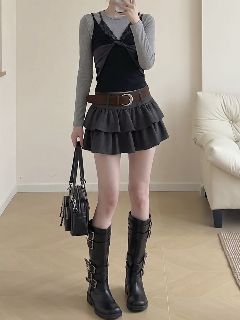 Women's A-Line Tiered Ruffle Cake Mini Skirt with Belt Korean Commute Style