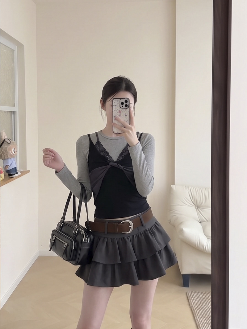 Women's A-Line Tiered Ruffle Cake Mini Skirt with Belt Korean Commute Style - Image 2