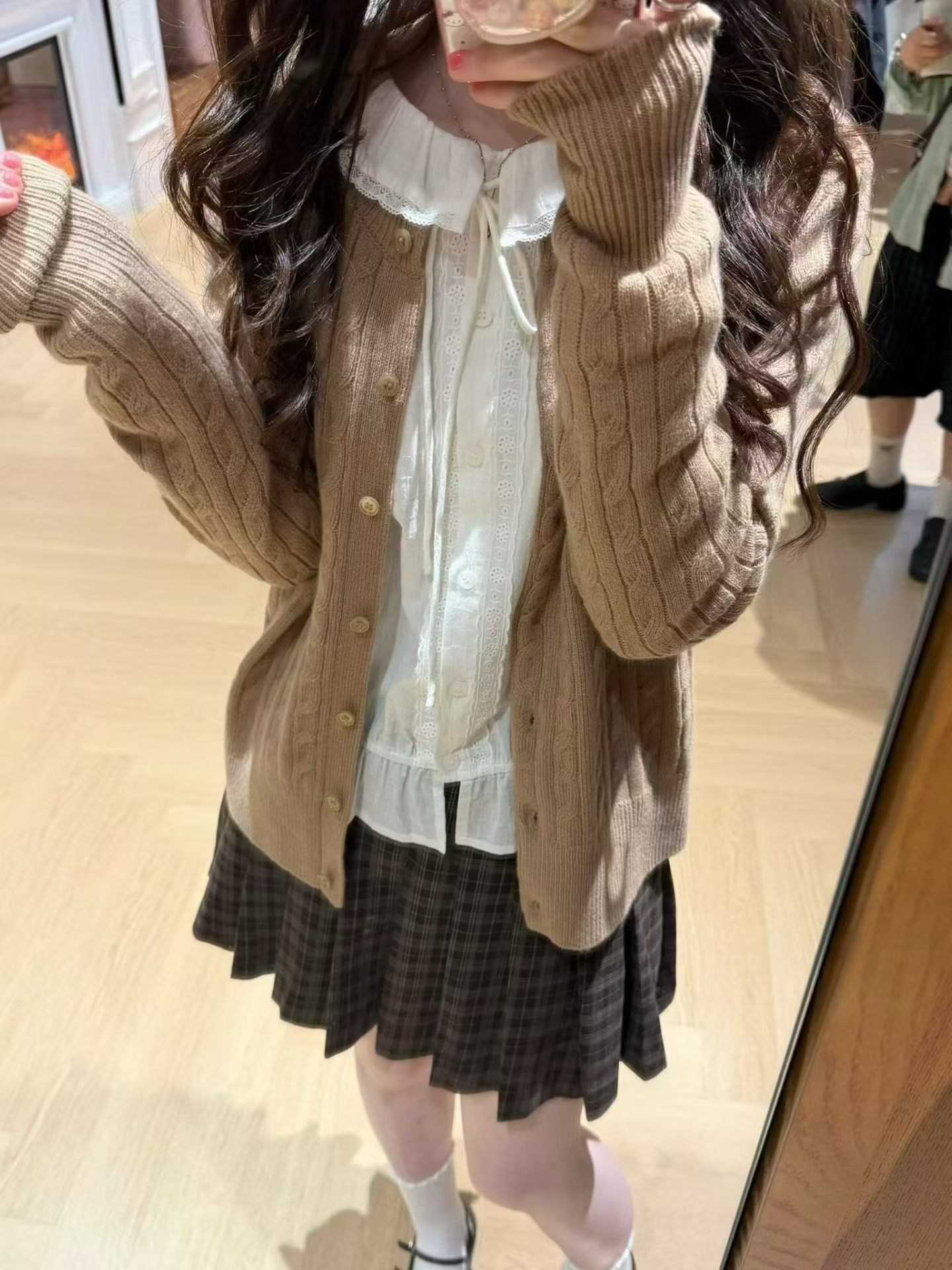 Women's Cable Knit Cardigan Shirt Pleated Skirt 3-Piece Set