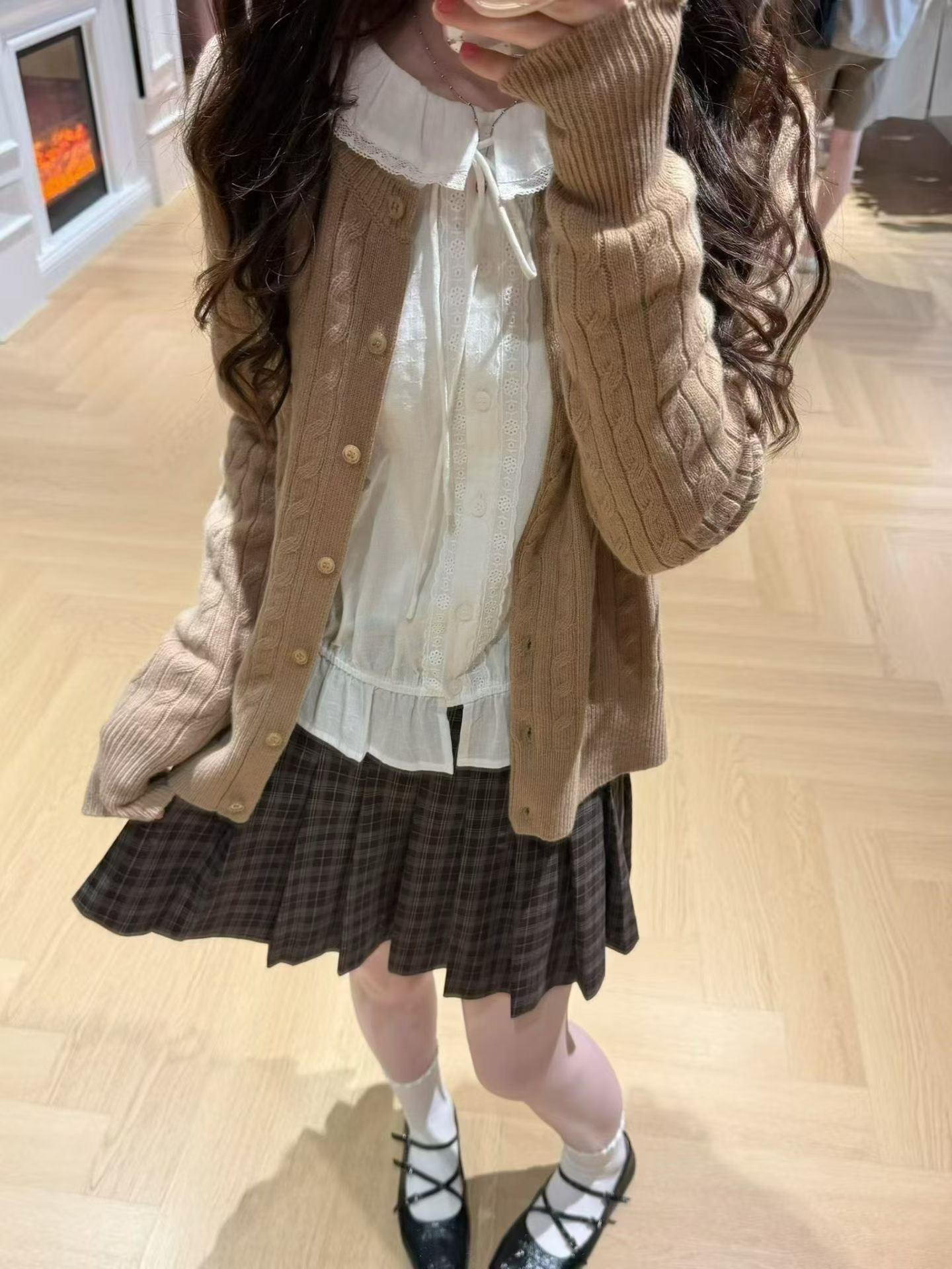 Women's Cable Knit Cardigan Shirt Pleated Skirt 3-Piece Set - Image 2
