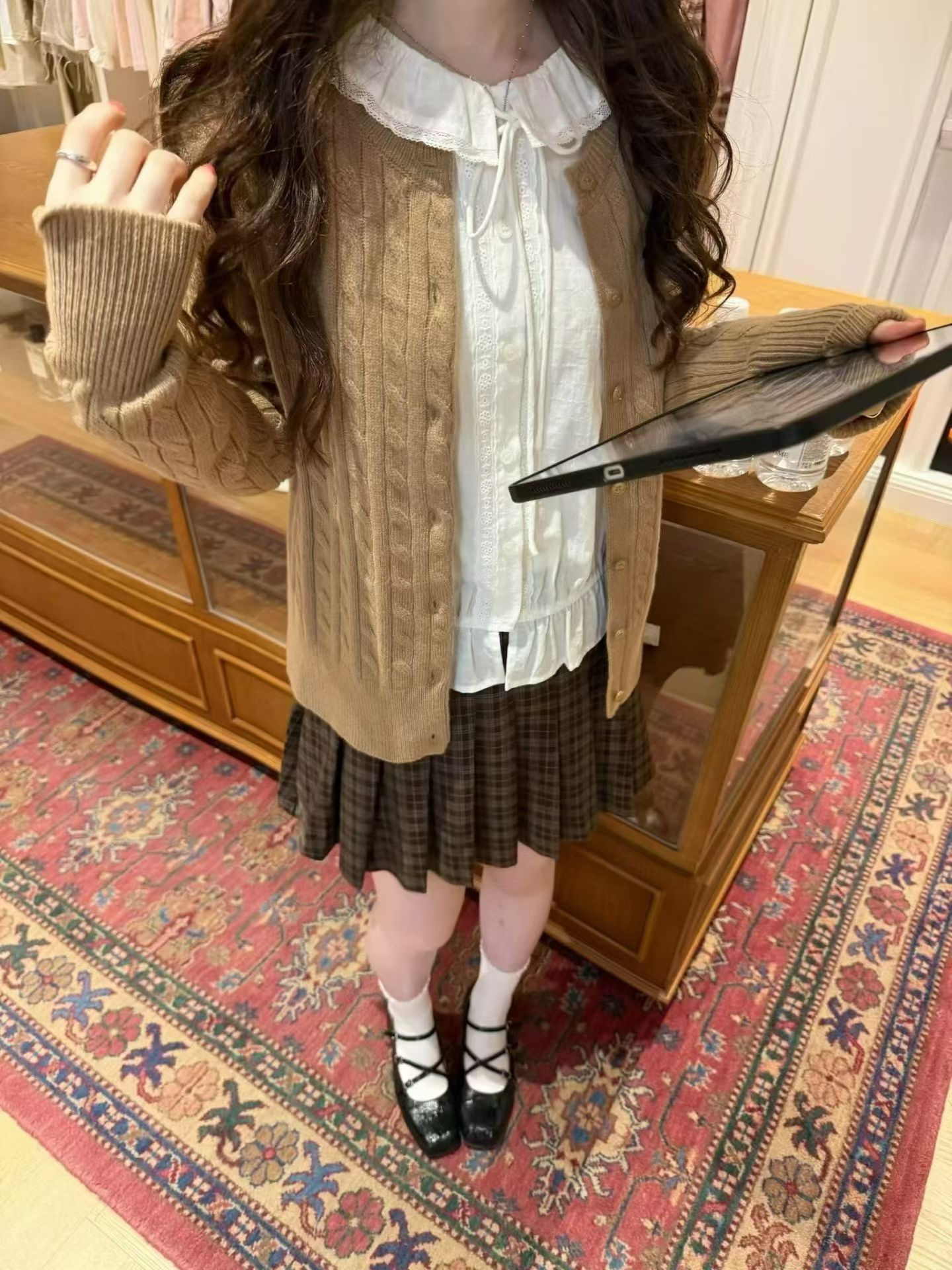 Women's Cable Knit Cardigan Shirt Pleated Skirt 3-Piece Set - Image 4