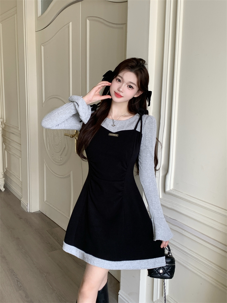 Women's Faux Two-Piece Knit Dress with Cami Layer - Slimming A-Line Short Dress for Fall Winter