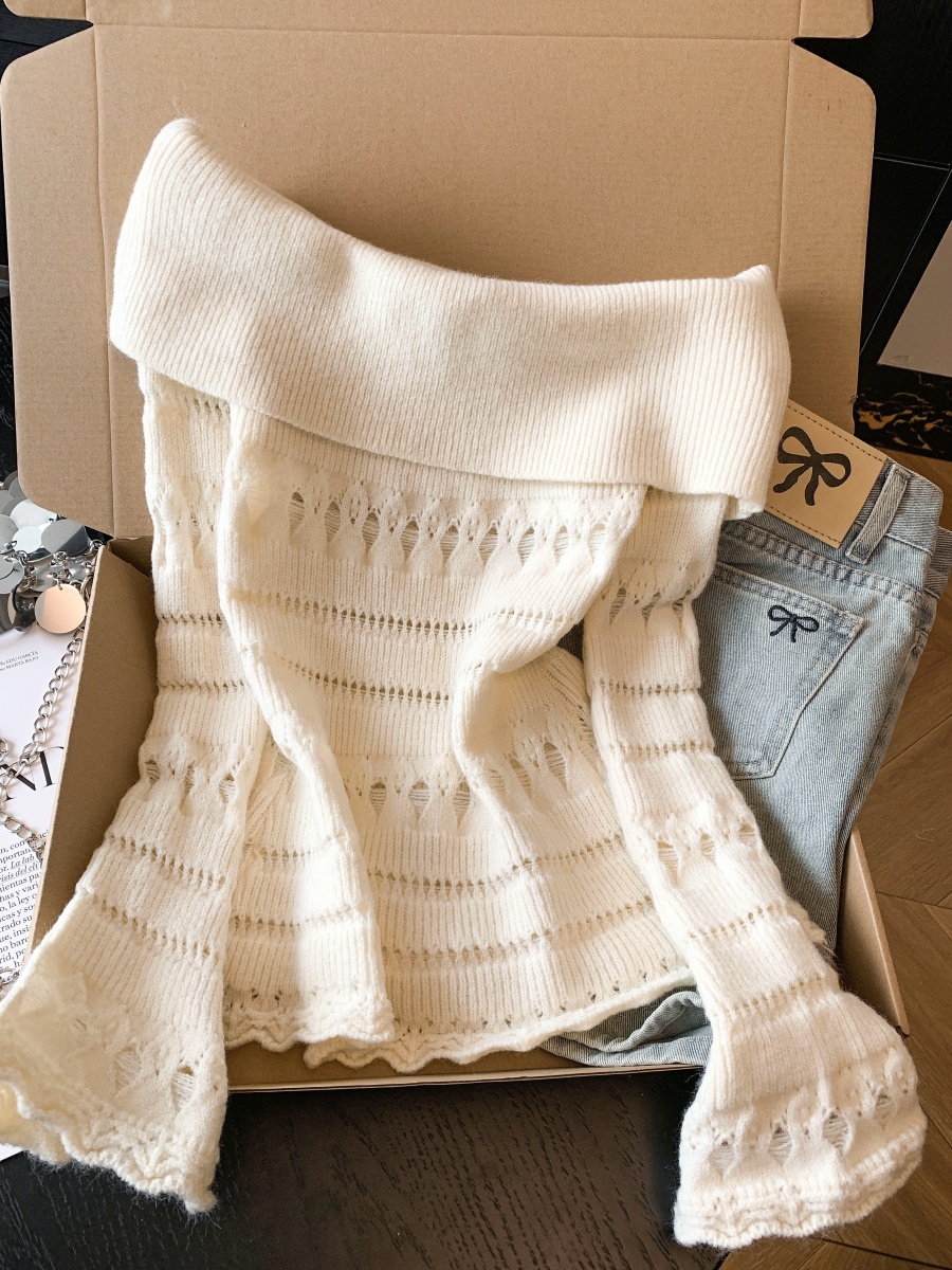 Women's Off-Shoulder Hollow Knit Sweater French Style Flare Sleeve Top 2026 Fall