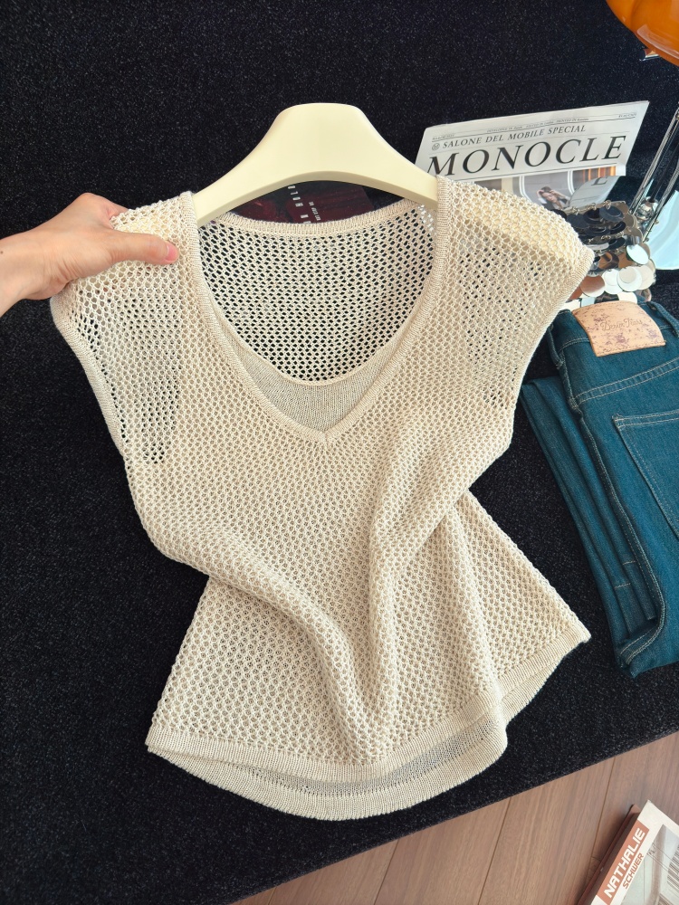 Women's Summer Knit Top with Cutout Faux Two-Piece Design Short Sleeve